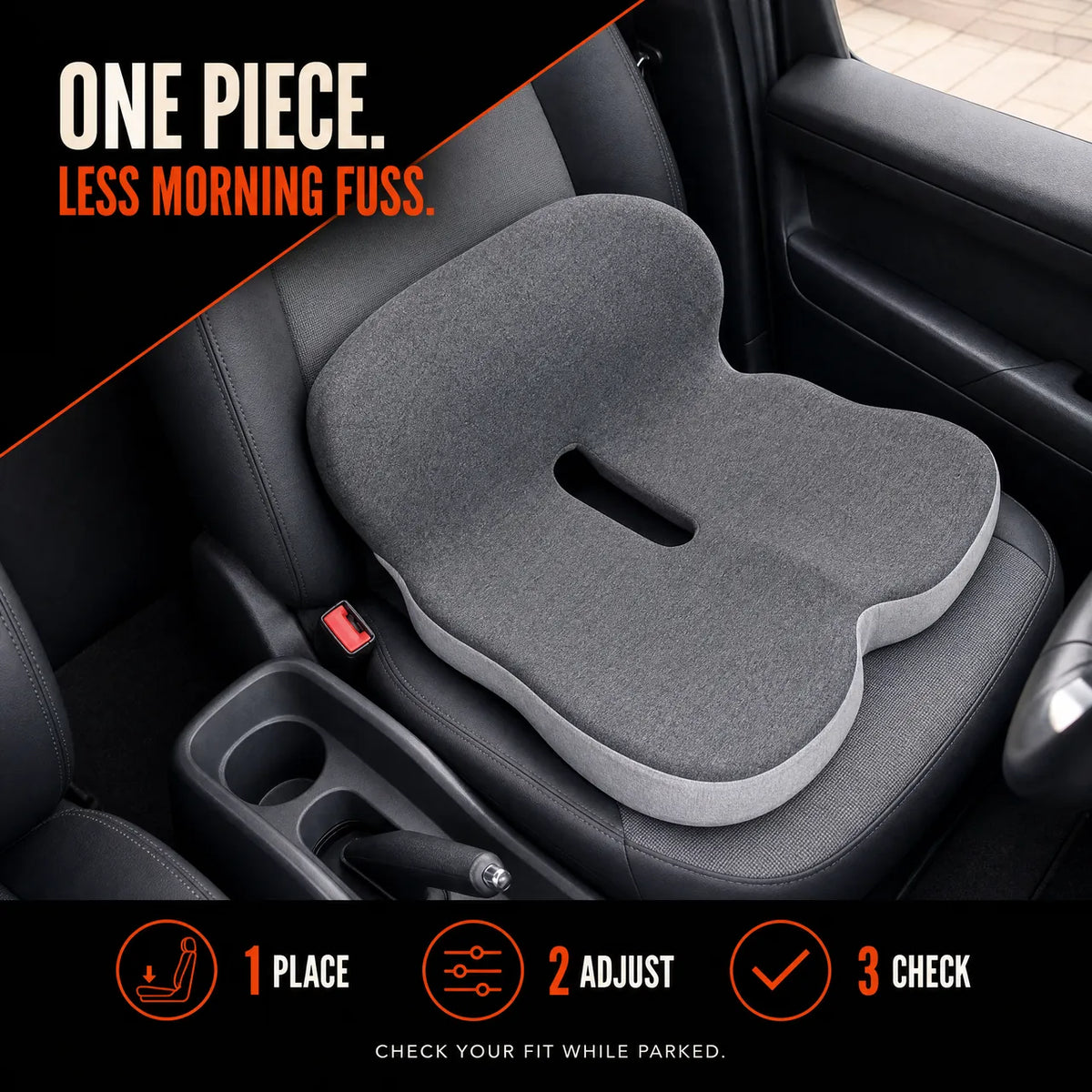 The correct CELINVA cushion installed in a parked car, with place-adjust-check setup instructions.