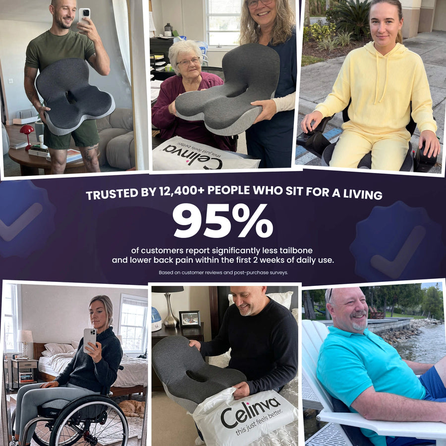 Celinva one-piece cushion: built-in lower-back support panel plus contoured seat with tailbone cut-out