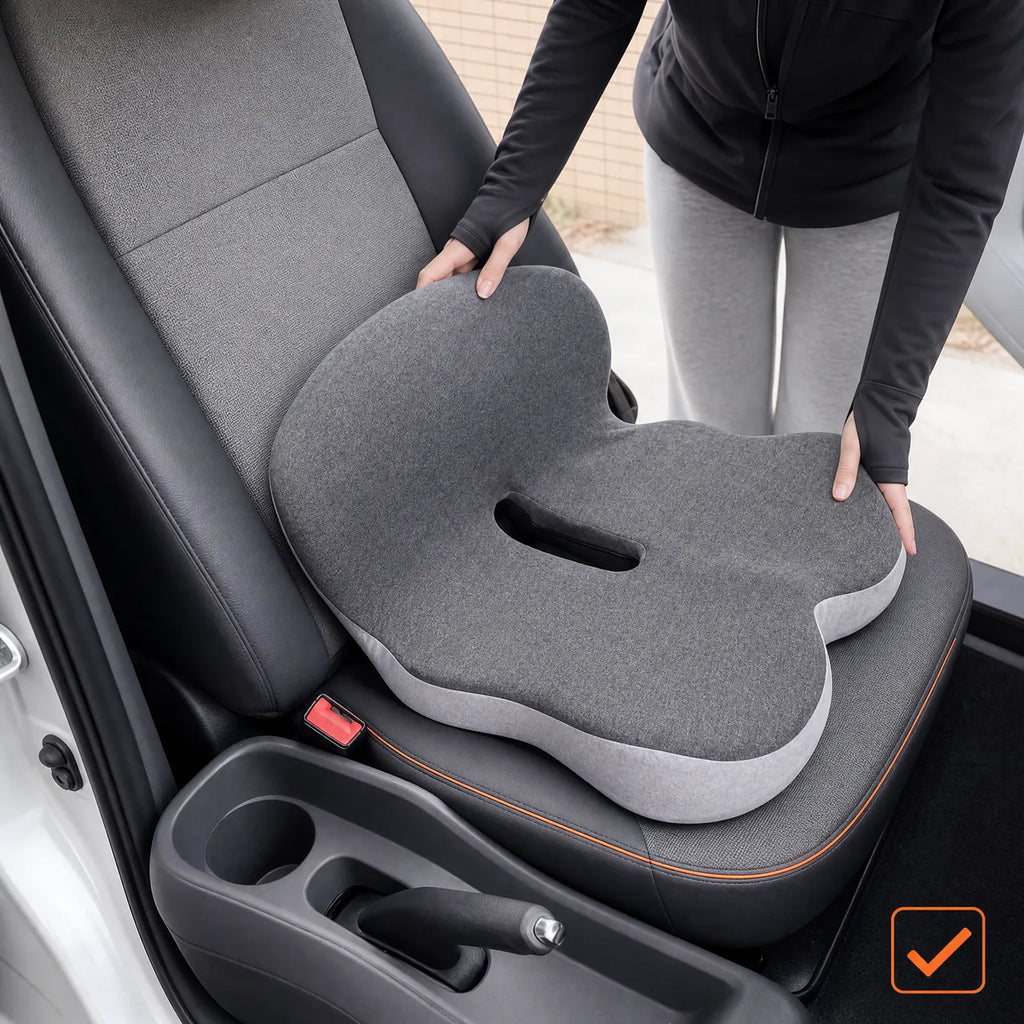 Hands position the complete cushion fully back on a parked car seat.