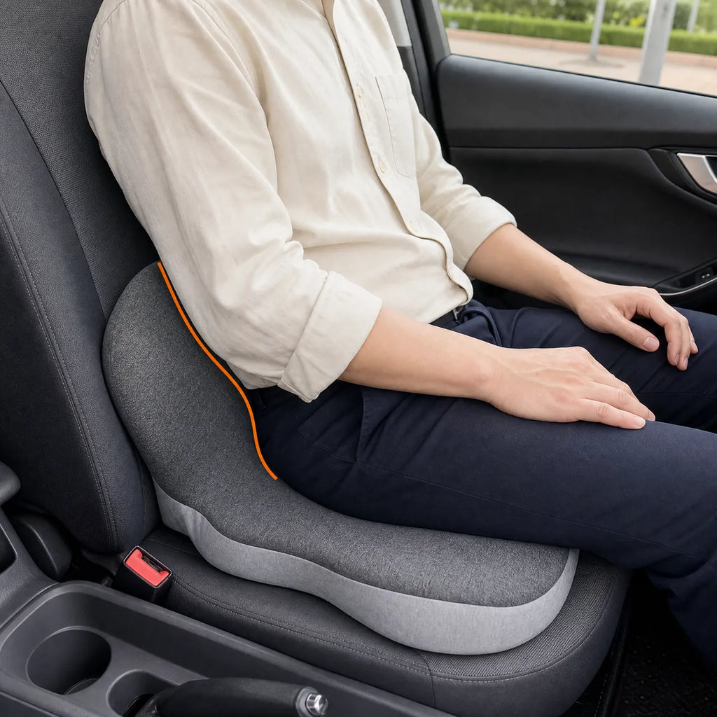 Side view of the CELINVA cushion supporting a seated person behind the lower back and under the hips.