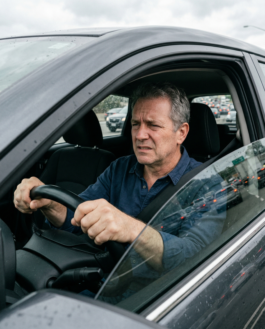 Driver stuck in traffic with lower back pain gripping the wheel