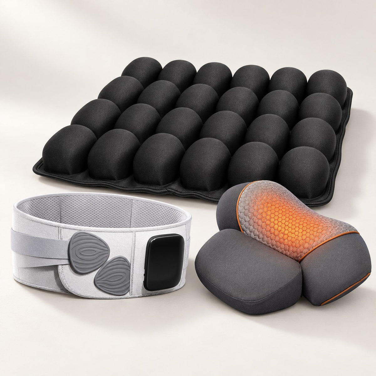 Celinva travel cushion, back support belt and neck relief pillow laid out together on a light backdrop