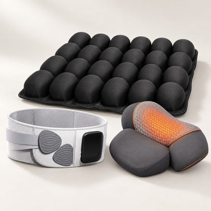 Celinva travel cushion, back support belt and neck relief pillow laid out together on a light backdrop