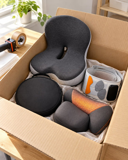 Open shipping box with the orthopedic cushion, travel pouch, back belt and neck pillow inside