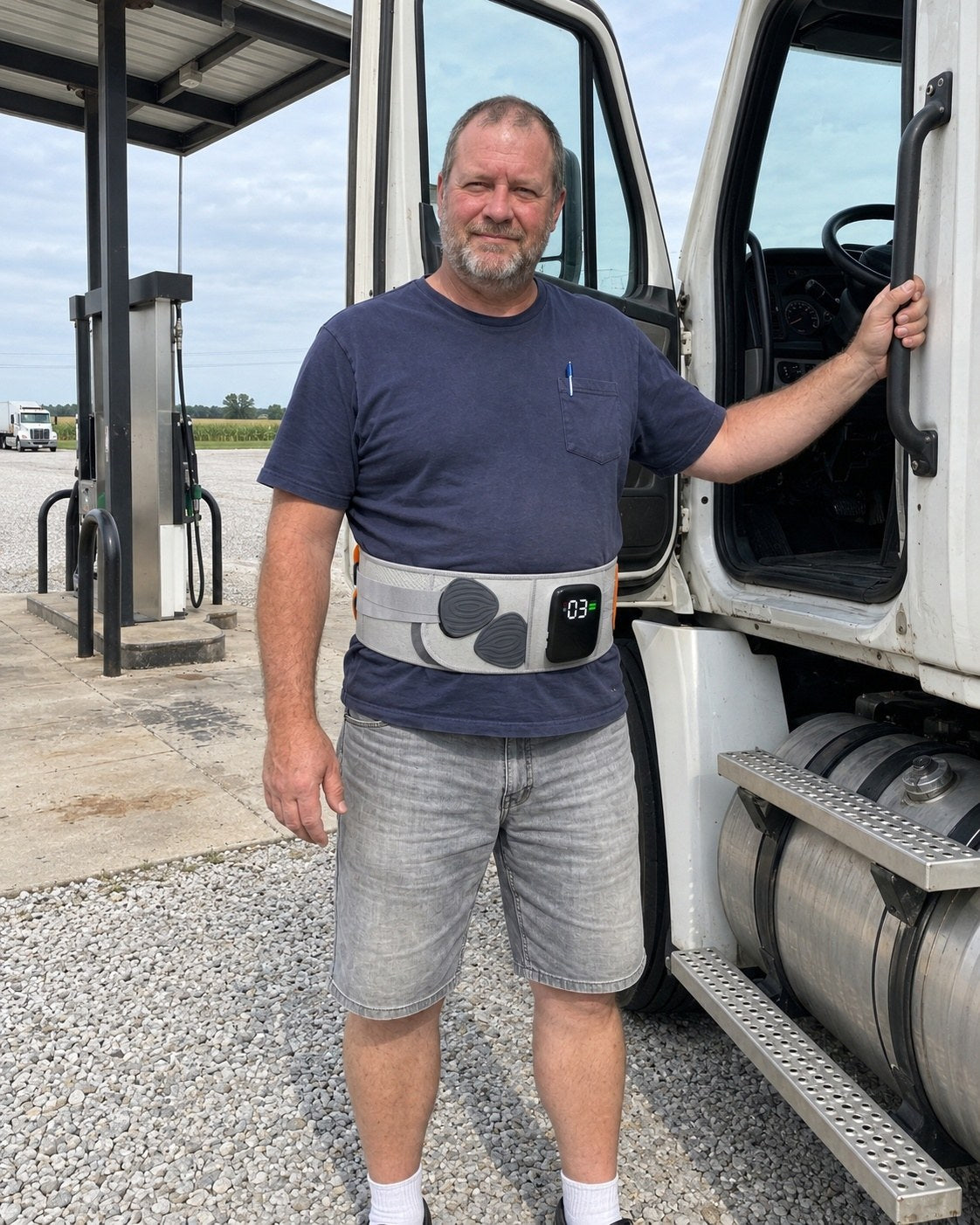 Driver wearing the Celinva back support belt beside his truck