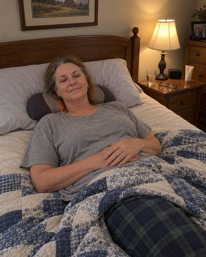 Woman resting her neck on the Celinva neck relief pillow in bed