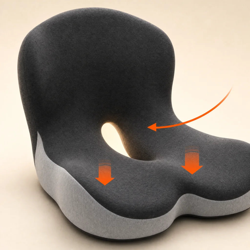 Close view of the actual rear opening and surrounding seat, with arrows illustrating space around the tailbone.