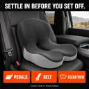Correct installed cushion with a parked-seat fit checklist for pedal reach, seat belt and clear view.