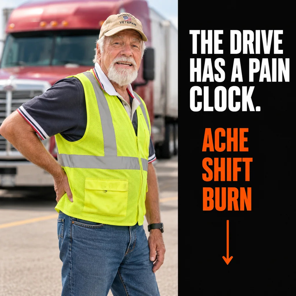 Illustrative driver standing outside his parked truck with a hand at his lower back, beside an ache-shift-burn progression.