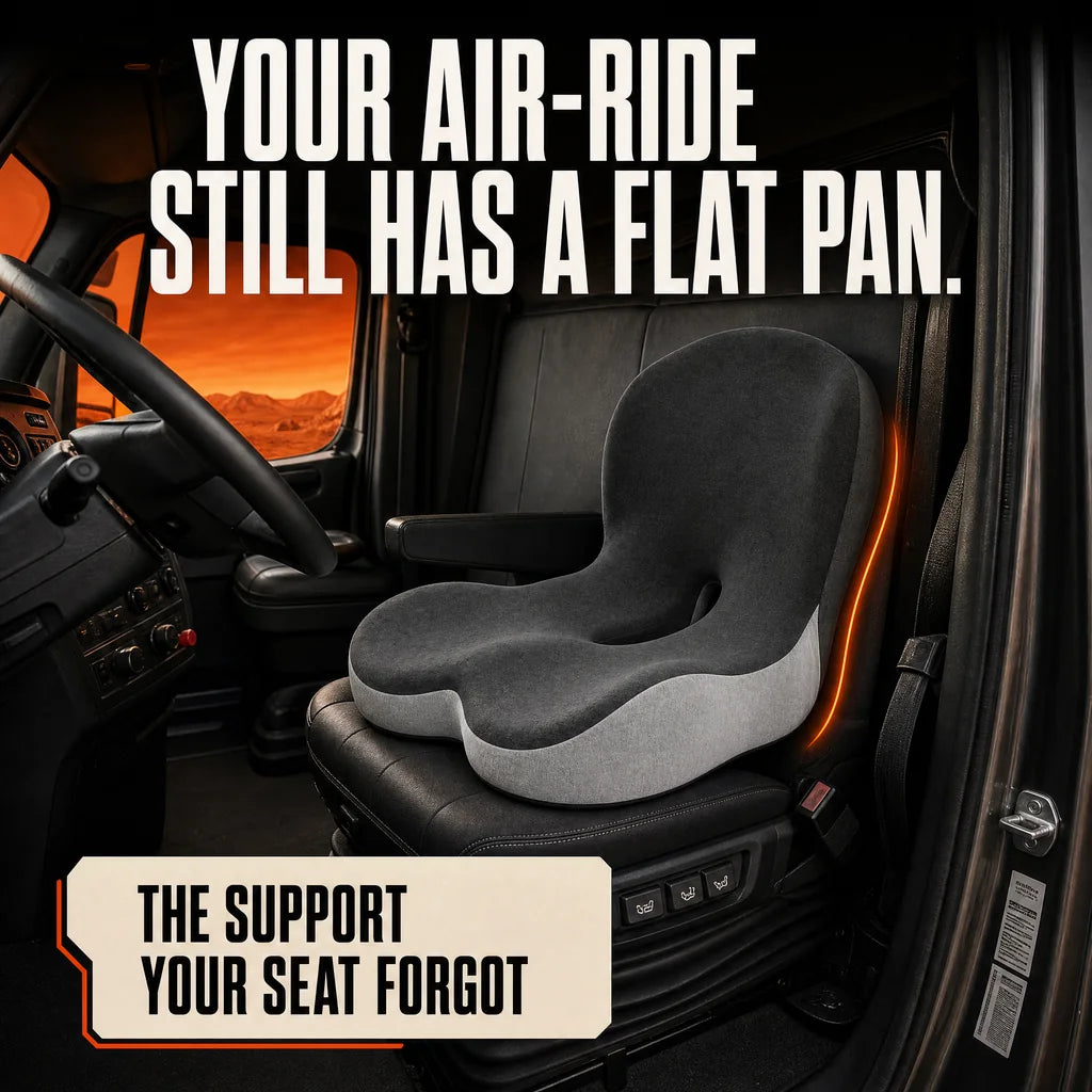 CELINVA installed on a truck air-ride seat with an orange curve tracing the lumbar rise: the support the seat forgot.